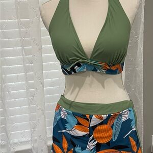 Olive Green and Multicolor Halter Bikini Set